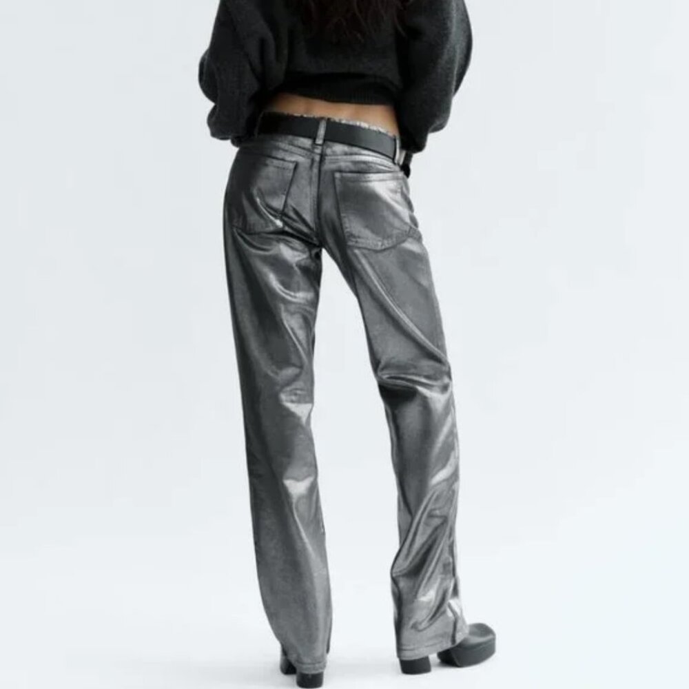 NWT ZARA MID WAIST STRAIGHT LEG FOIL JEANS BLACK - Picture 3 of 6